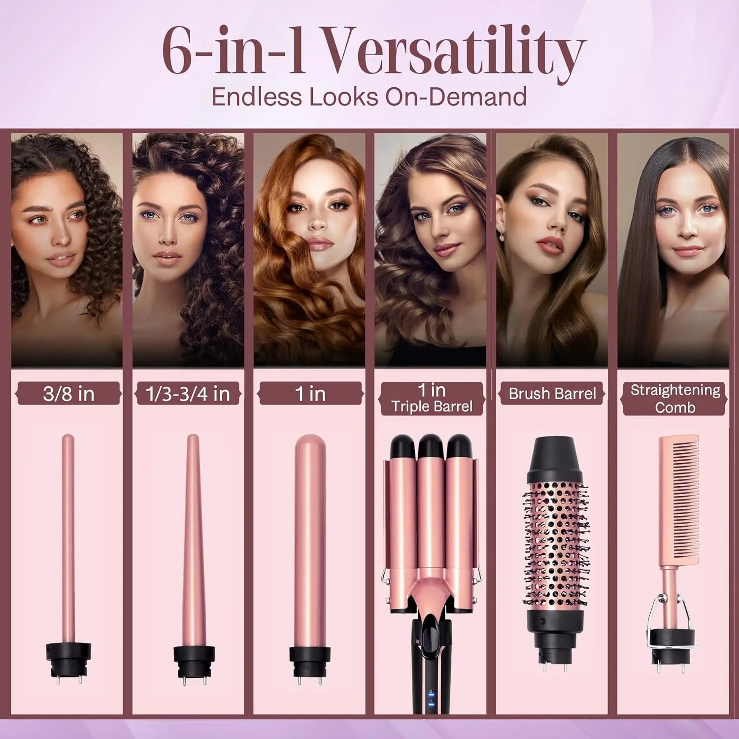 Curling Iron Set 6-in-1 Hair Curler with 3 Barrel Hair Crimper, Hair Straightener - Waver Heating Styling Tools for Women