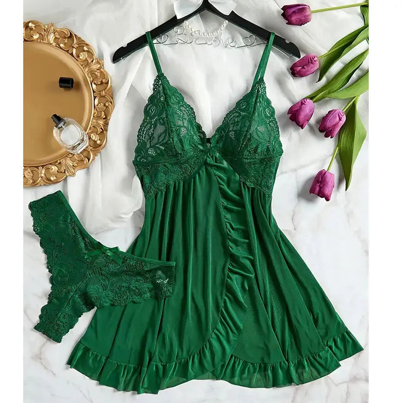 Summer Sexy Lingerie Dress Women Lace See Through Nightdress Sleepwear Solid Slim Soft V Neck Full Slip Sleepwear & Dresses