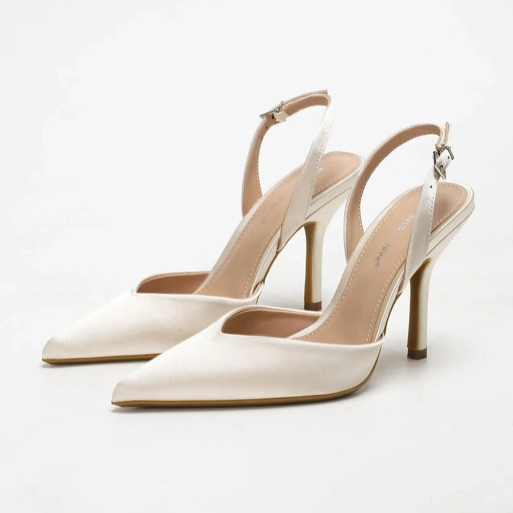Women's Ivory Satin Pointed-Toe Slingback Heeled Sandals