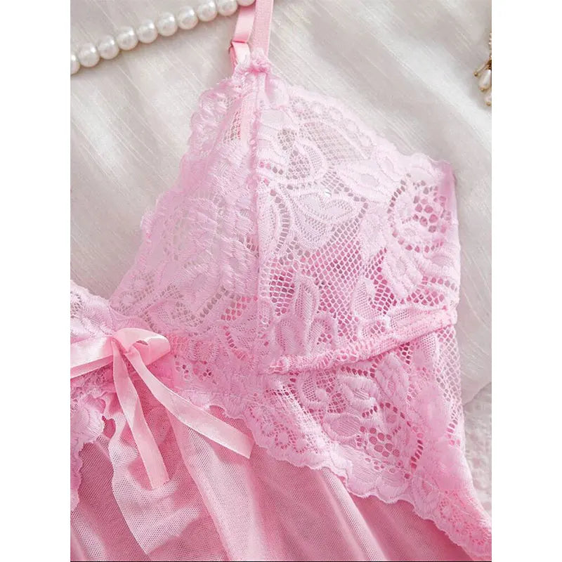 A Set Pink Cute Women Sweet Nightdress And Panty Pijamas Suit Sleeveless Halter Nightgown Short Sets V-Neck Bra Thong Luxury Kit