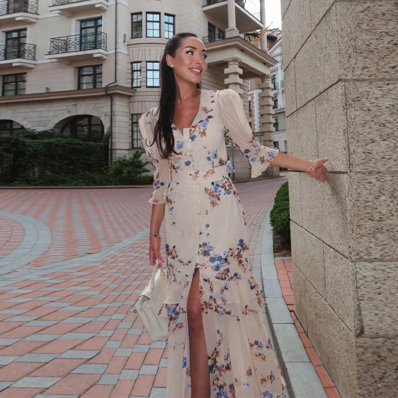 Fashion Organza Floral Printed Maxi Dress V-Neck Puff Sleeve 2026 Spring/Summer Romantic Women Party Gown Elegant Lady Vestido