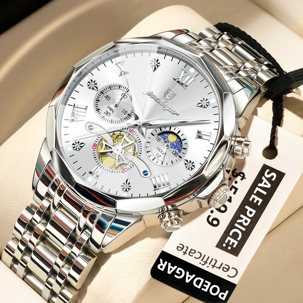 POEDAGAR Luxury Men Watch Top Original Waterproof Luminous Chronograph Man Wristwatch Stainless Steel Quartz Men's Watches Reloj