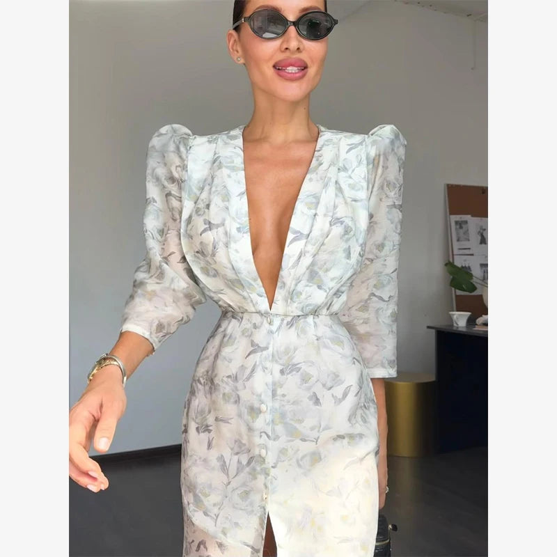 Fashion Organza Floral Printed Maxi Dress V-Neck Puff Sleeve 2026 Spring/Summer Romantic Women Party Gown Elegant Lady Vestido