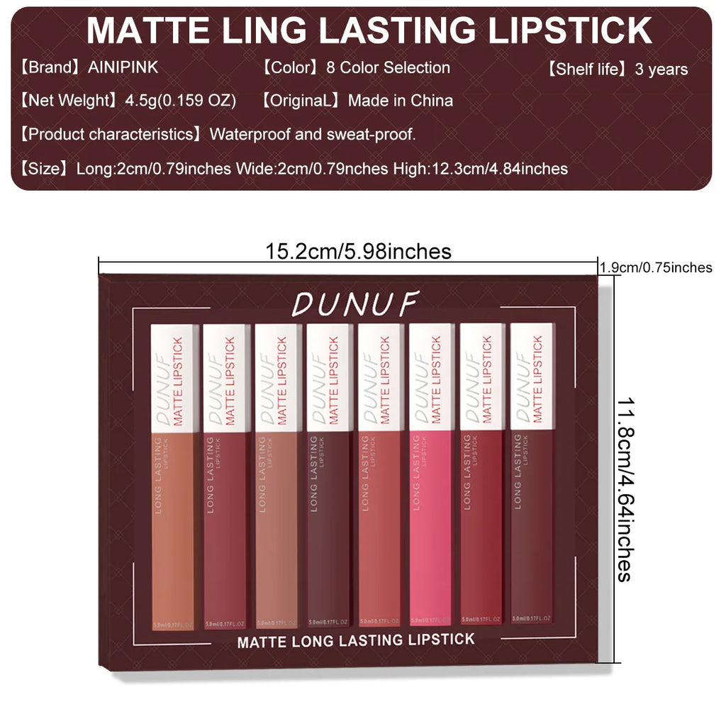 Matte Liquid Lipstick Set 8 Pieces Waterproof Non Transfer Lip Glaze Long Wearing Smudge Proof Lip Gloss