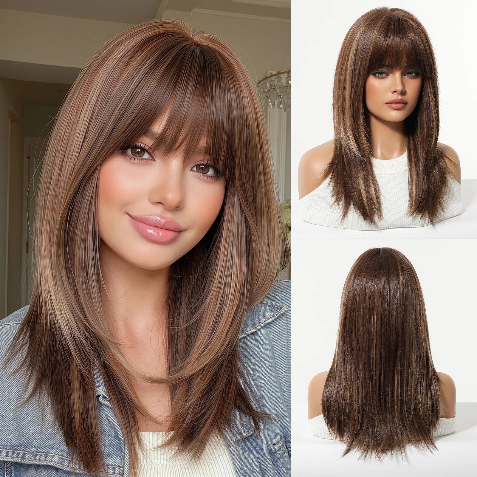 ALAN EATON Long Brown Highlight Synthetic Wigs Layered Straight Hair Wig Realistic Fake Hair for Daily Wear High Temperature Wig