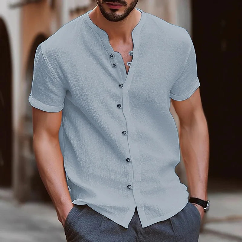 Men's Simple Texture Linen Round-neck Short-sleeve Button-down Solid-color Shirt, Comfortable and Casual Summer Daily Top