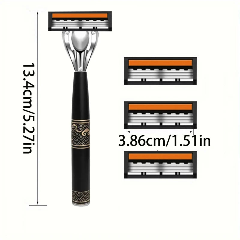 Men's 3-Blade Manual Razor with Non-Slip Handle and Multiple Replacement Blades - Ideal for Trimming Beards and Mustaches