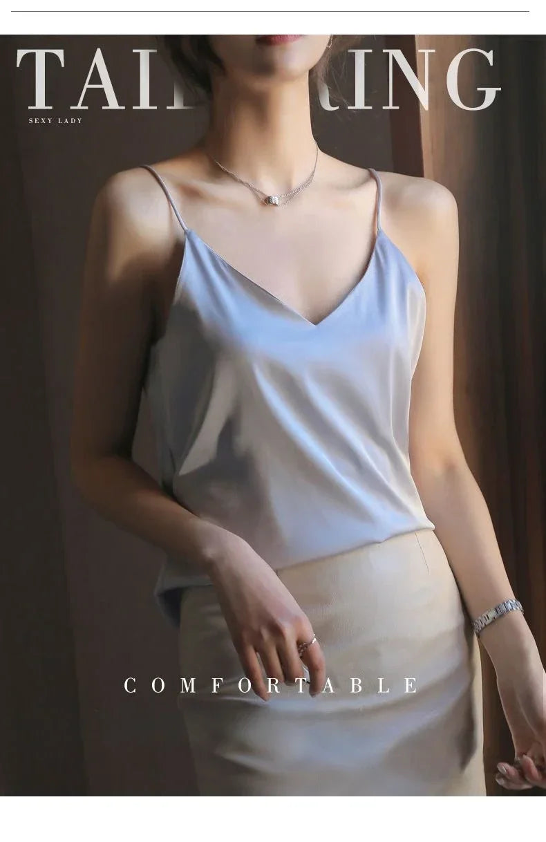 Women Halter V Neck Basic White Cami Spaghetti Strap Top Sleeveless Satin Silk 2026 Tank Tops Women'S Summer Camisole