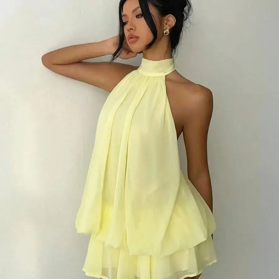 Women's Elegant Butter Yellow Chiffon Halter Tie Mini Dress Fashionable Summer Dress for Women