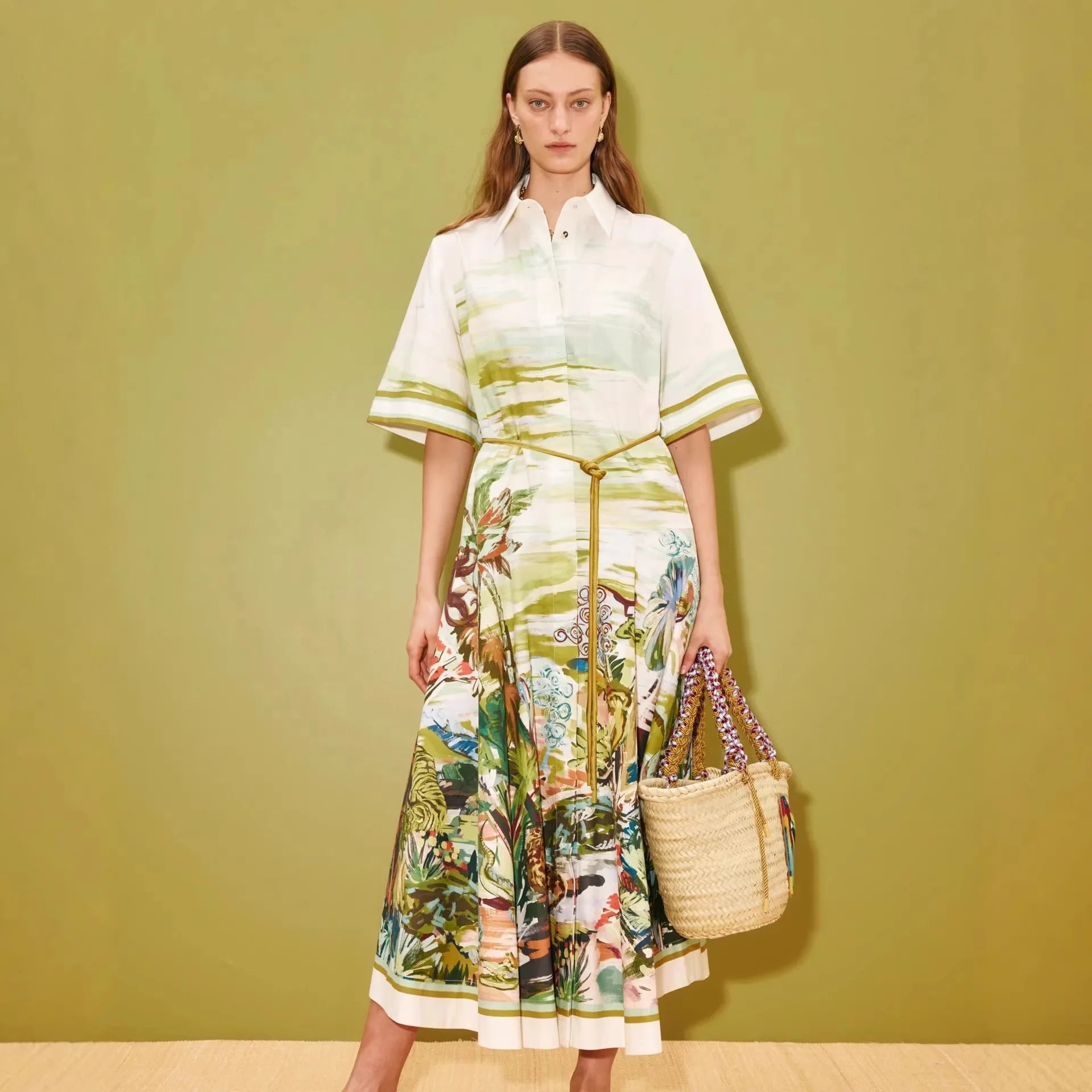 New Casual Fashion Linen Shirt Collar Cardigan Long Dress
