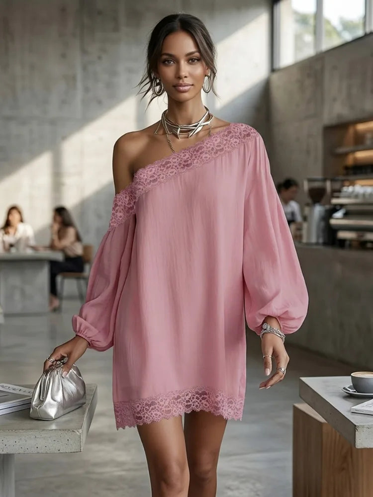 UOOZEE 2026 New Women Elegant Solid Color Party Cocktail Short Dress Off The Shoulder Lace Trim Puff Sleeve Evening Mini Dresses