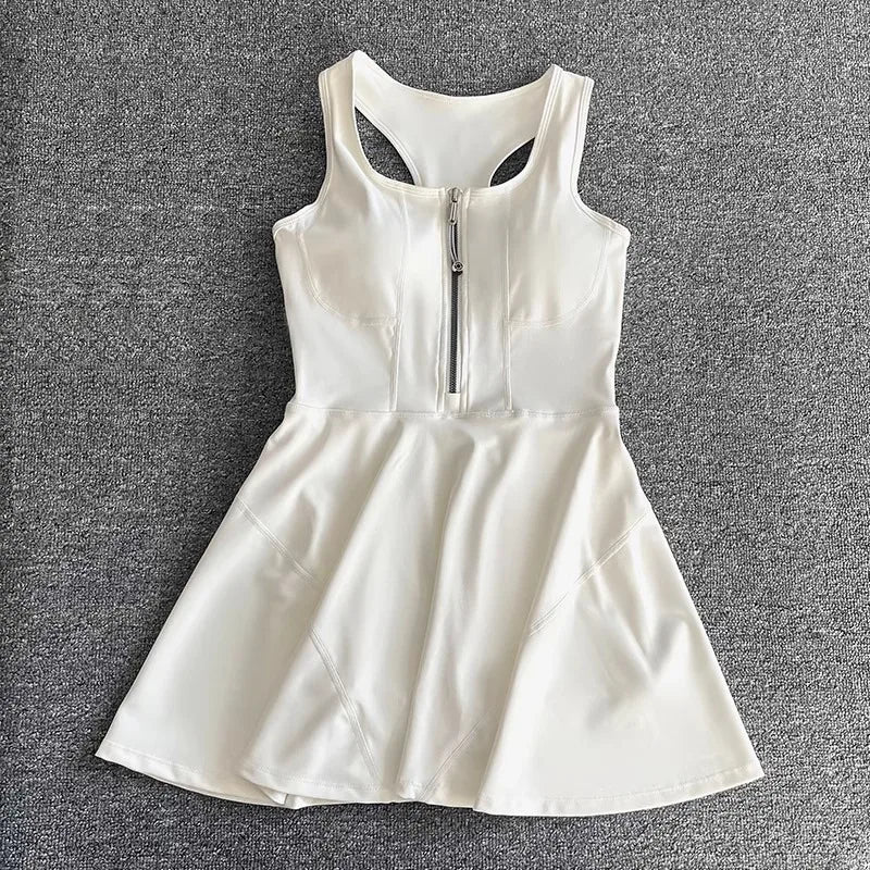 Tennis Skirt Casual Half Zipper Sports Fitness Dress Anti-Running High Waist Slim Golf Yoga Dress