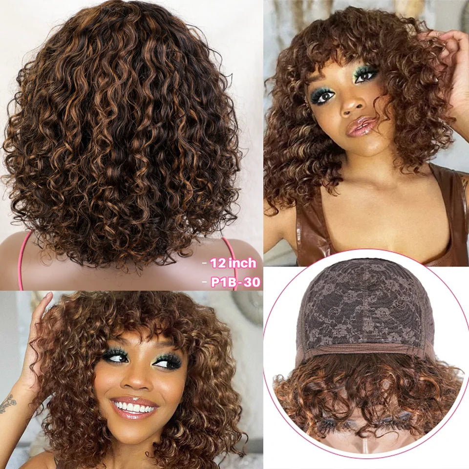 Short Curly Bob Wig With Bangs 100% Human Hair Wigs For Women Brazilian Remy 4C Hair Jerry Curl Glueless Daily Use Natural Color