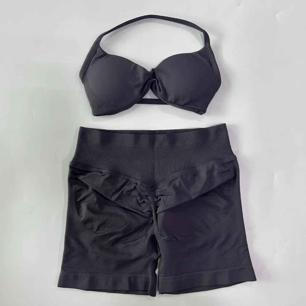 NO LOGO 2PCS Gym Set Women Strappy Yoga Bra Top High Waist Workout Scrunch Shorts Sports Suit Seamless Yoga Set Fitness Clothes
