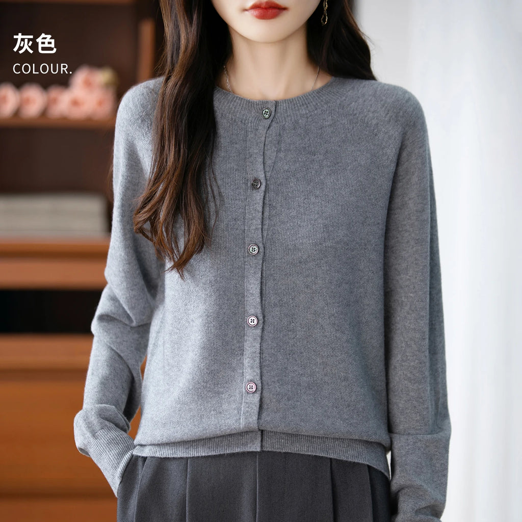 Classic Merino Wool Woman Sweater Basic Female Autumn Winter Knitted Cardigan Elegant Ladies Cashmere Long Sleeve Clothing Tops