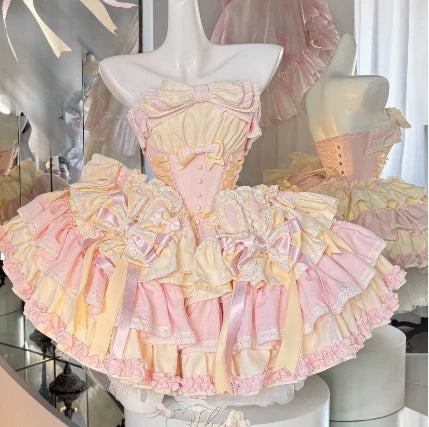 New Girls Birthday Lolita Dress 2026 Spring and Summer Women's Tube Top Satin Bowknot Slim Pettiskirt Short Mini Party Dress