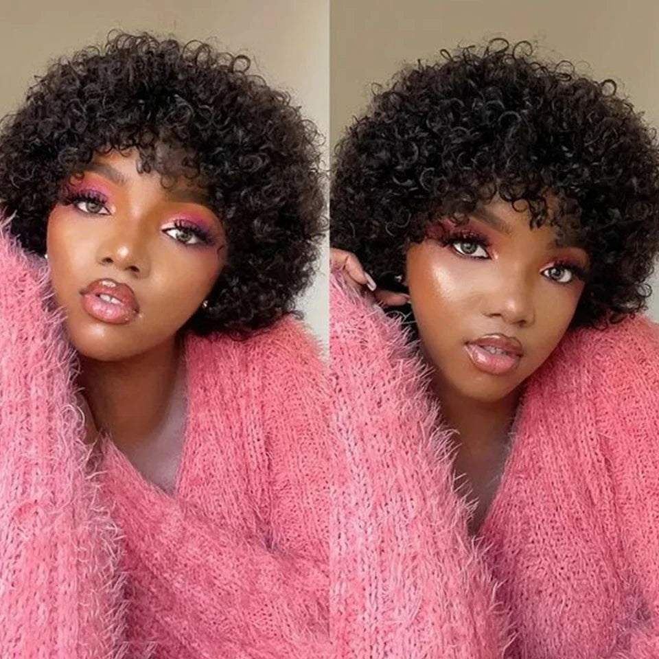 Brazilian Short Bob Pixie Afro Kinky Curly Wigs With Bangs For Black Women Natural Brown 99J Full Machine Made Human Hair Wigs
