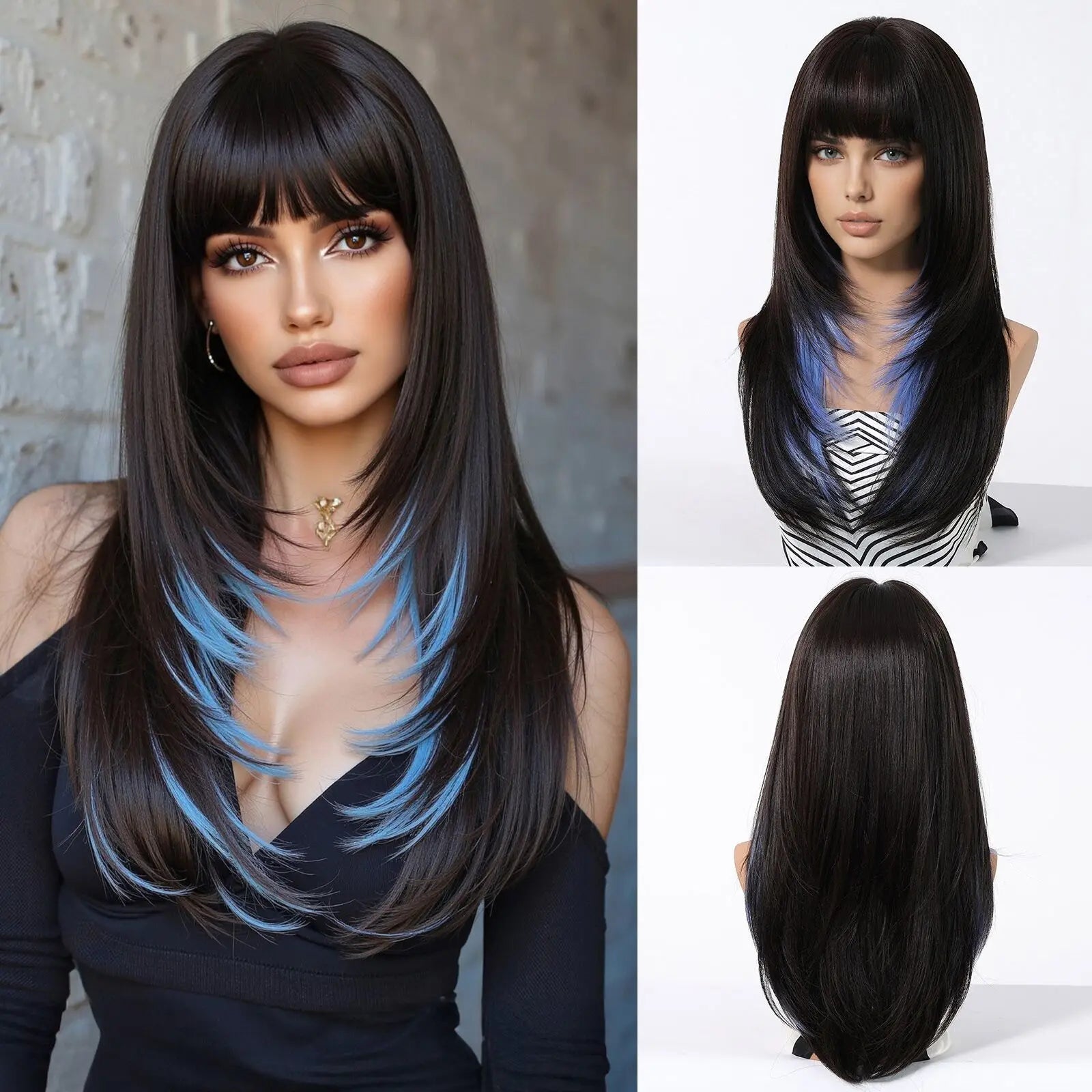 ALAN EATON Long Brown Highlight Synthetic Wigs Layered Straight Hair Wig Realistic Fake Hair for Daily Wear High Temperature Wig