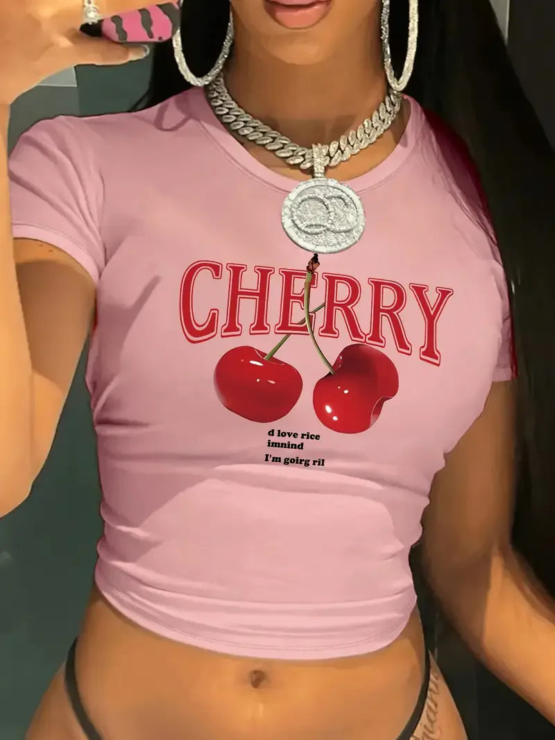 Fashion Cherry Print Crew Neck T-shirt Y2K Short Sleeve Tight Fit Crop Top Spring Summer Women's Clothing