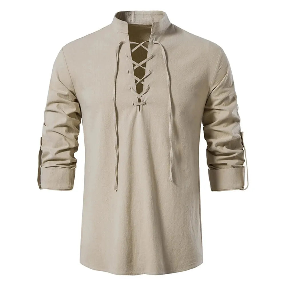 King Billion Men's Shirts Casual Men Cotton Linen Long Sleeve T-shirt Spring Autumn Vintage Shirt US Size Drawstring Neck