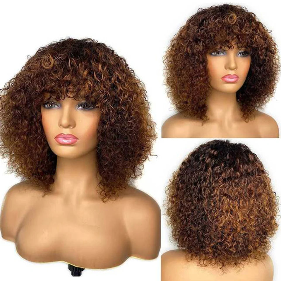 Short Curly Bob Wig With Bangs 100% Human Hair Wigs For Women Brazilian Remy 4C Hair Jerry Curl Glueless Daily Use Natural Color