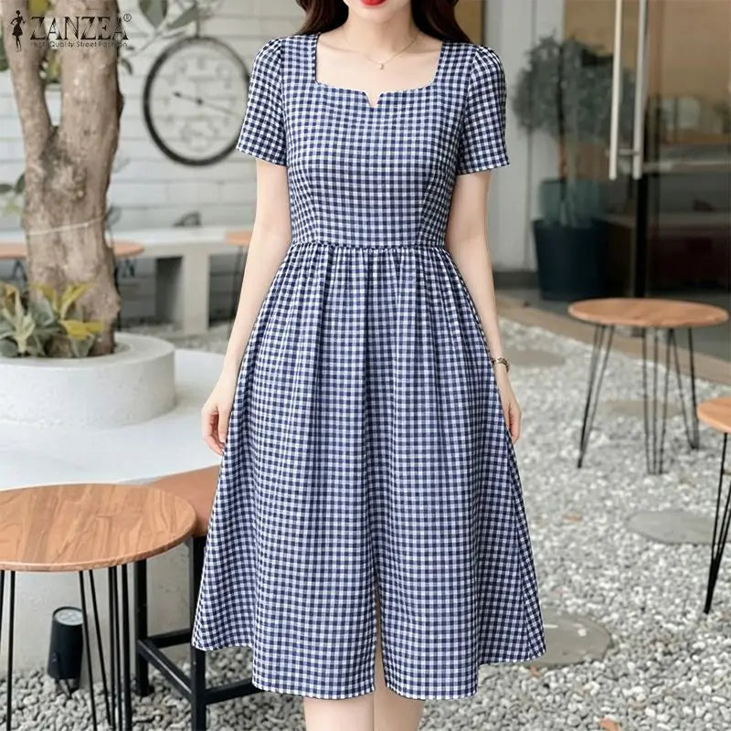 Women Summer Plaid Dress 2026 ZANZEA Elegant Square Neck Short Sleeve Midi Dresses Casual Work Vestidos Stylish Holiday Sundress