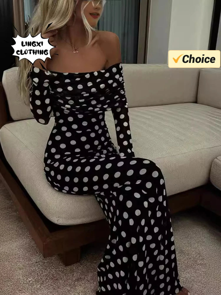 Summer Fashion Vacation Style Fashion Party Women's Long Elegant One Shoulder Wave Dot Print Slim Fit Sexy Long Retro Dresses