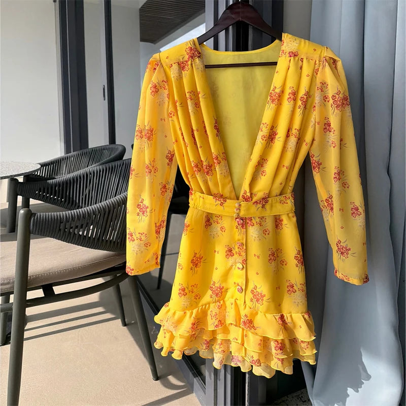 Sexy Pink Floral Print Ruffle Slim Short Dress Women Elegant V-neck Pleated Puff-sleeve Ruched Dresses Lady Party Club Robe New