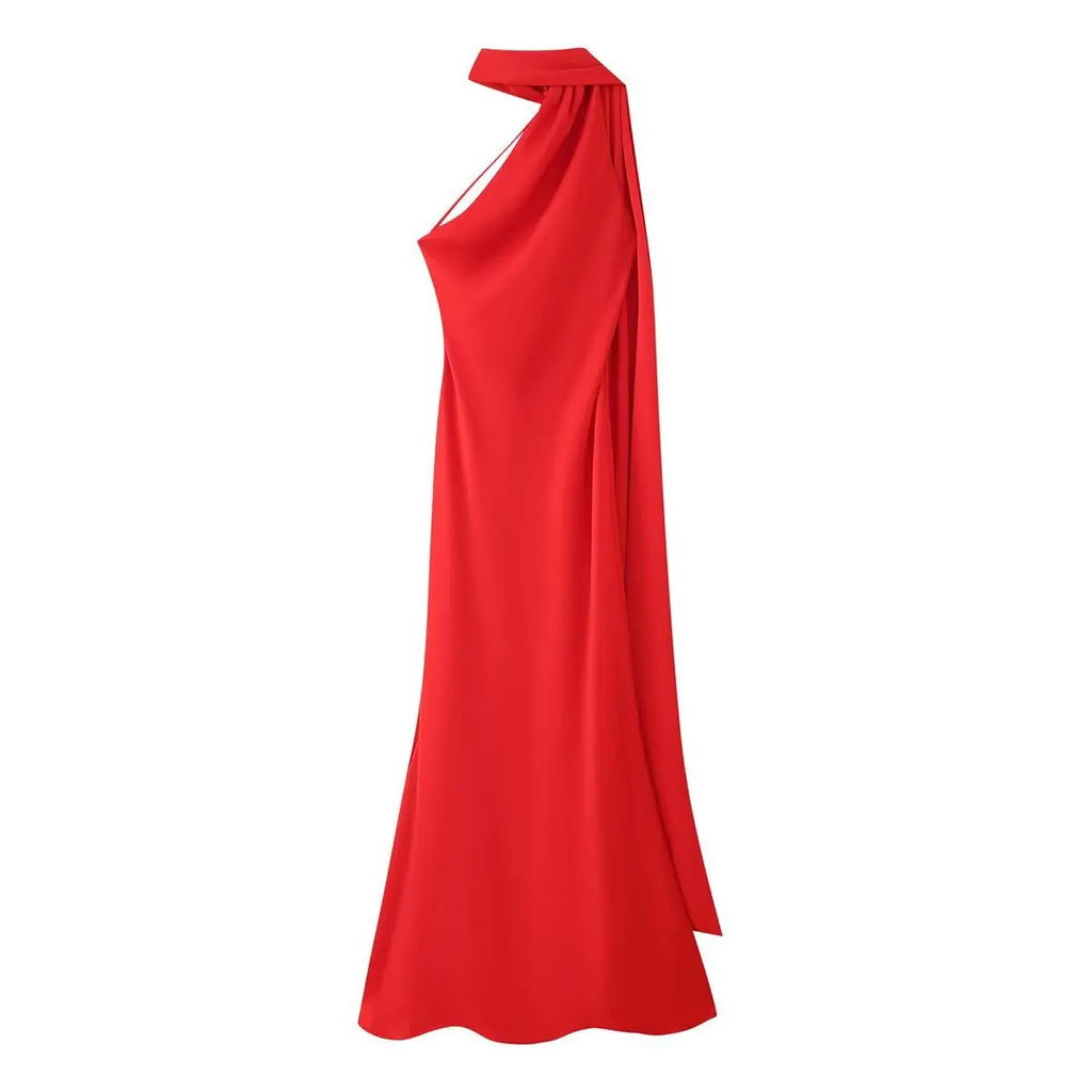 VEITCHE Elegant Women's Soft Silk Satin Long Dress Halter Backless Sleeveless Maxi Dresses Summer Lady Long Ribbon Party Gowns