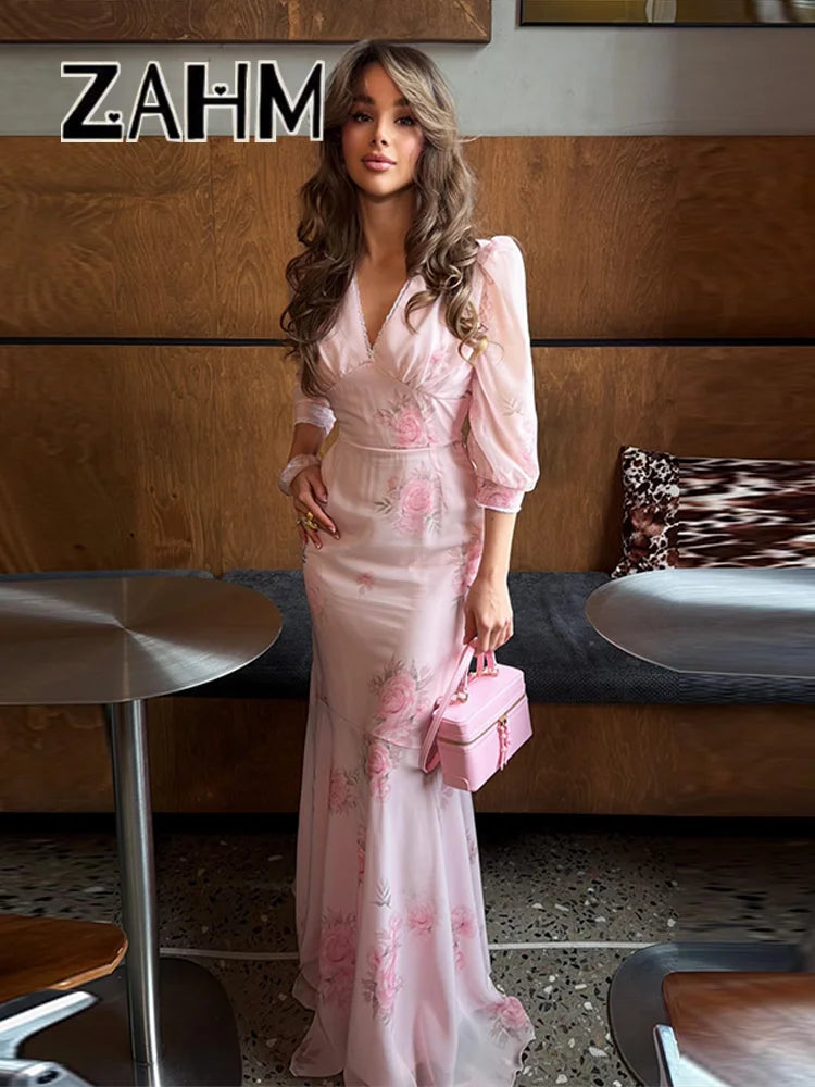 Elegant Print Women Long Dress Fashion Trumpet Pleated Short Puff Sleeve V-neck Female Dresses 2026 Summer Beach Lady Robe New