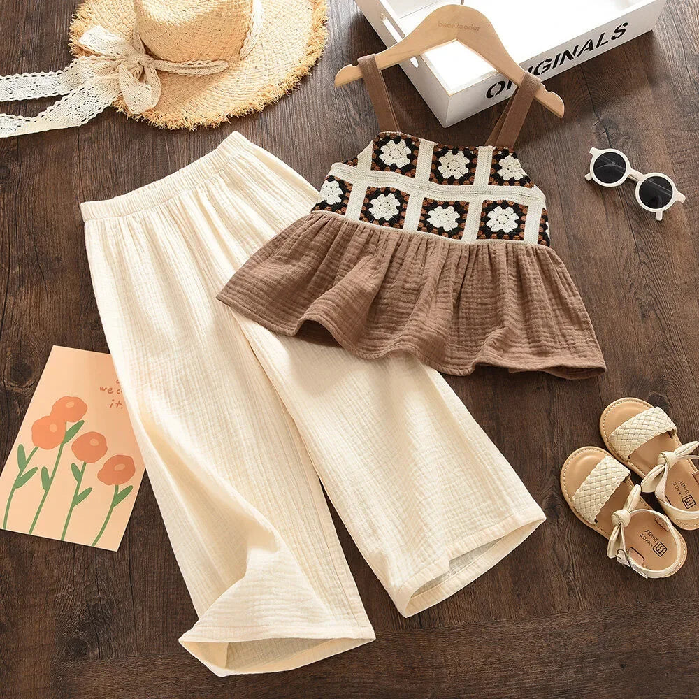 Bear Leader Girls Suit Summer Brown Retro Printed Plaid Camisole Top + Beige Pants Sweet Two-piece Set 3-7 Years Old