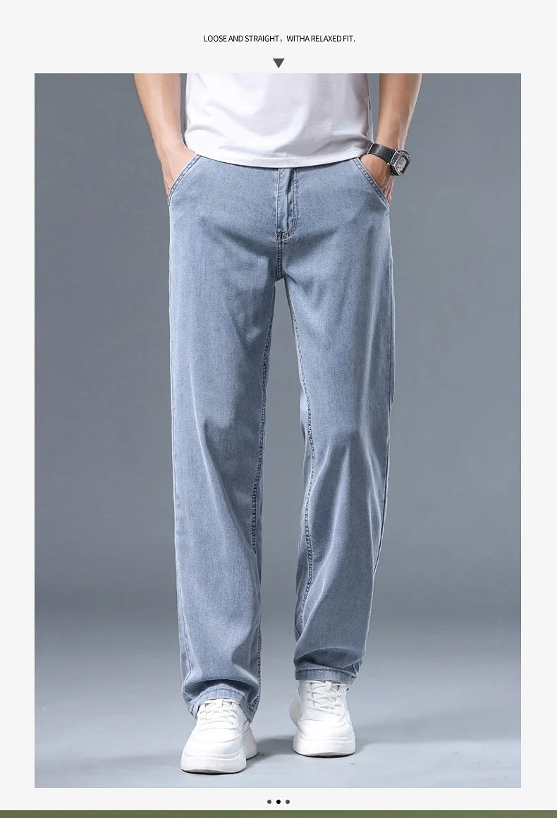 2026 Summer Ice Silk Thin Four Seasons Men's Jeans Loose Straight Wide Leg Pants