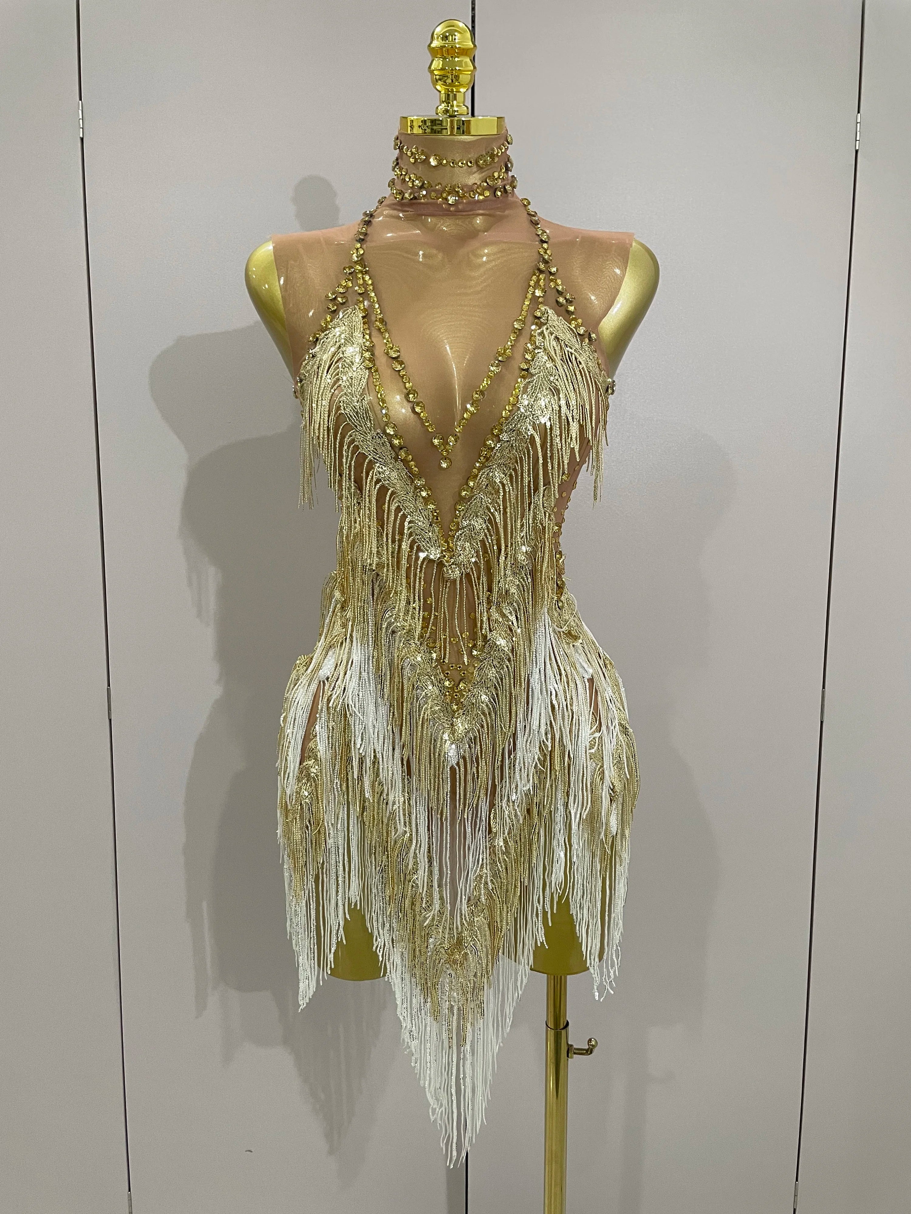 Stock 2025 Women Sexy Stretch Mesh Sparkly Rhinestone Tassels Mini Dress Nightclub Singer Dance Stage Costume Evening Gowns