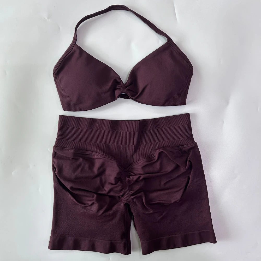 NO LOGO 2PCS Gym Set Women Strappy Yoga Bra Top High Waist Workout Scrunch Shorts Sports Suit Seamless Yoga Set Fitness Clothes