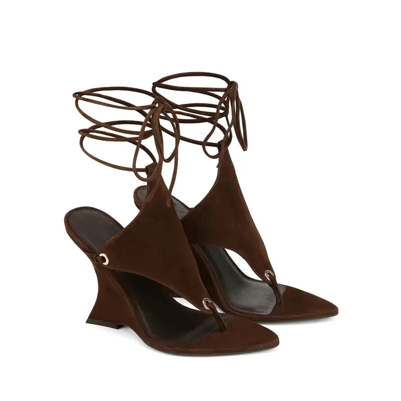 2026 European and American Women's Spring and Summer New Fashion Clip Toe Ankle Strap Irregular High Heels Walking Hollow Shoes