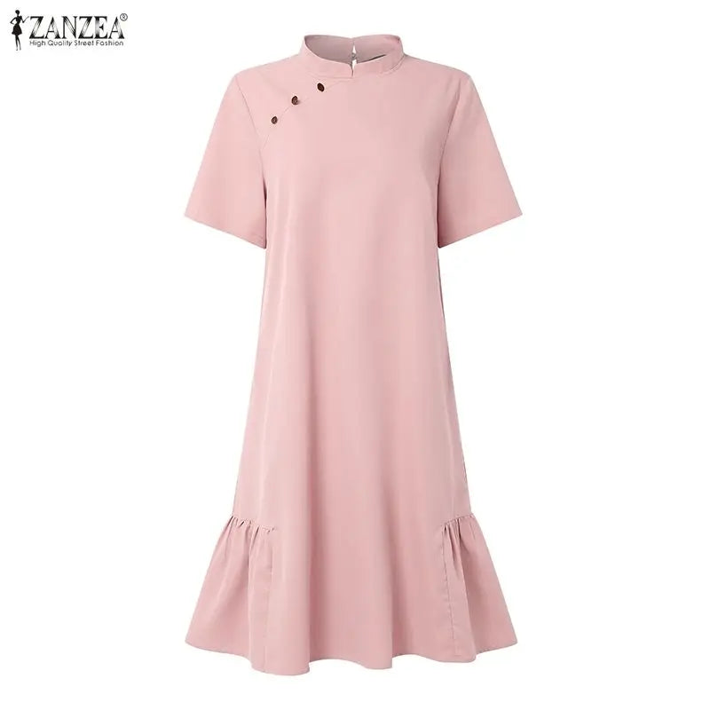 2026 ZANZEA Fashion Women Short Sleeve Shirt Dresses Stand Collar Solid Knee-Length Casual Sundress Summer Office Lady Vestidos