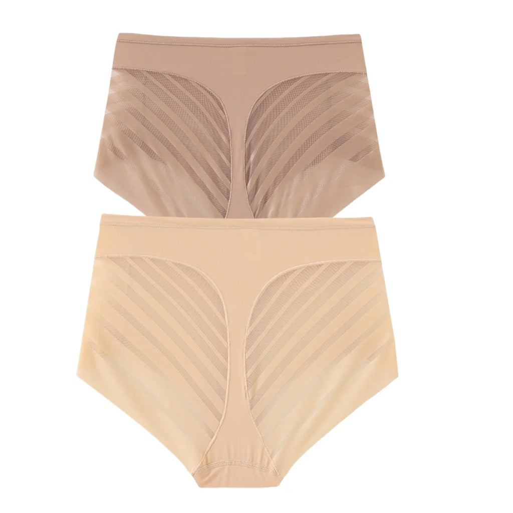 2Pcs/Set Women's Ice Silk Tummy Control Panties Mid Waist Mesh Splice Shaping Briefs Butt Lifter Slimming Soft Underwear M-3XL
