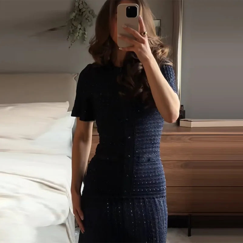 Cinched Waist Sequin Maxi Dress for Women Round Neck Short Sleeve Knitted Dresses 2026 NEW Hollow Out Single Breasted Midi Robes