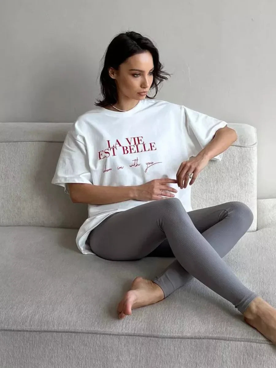 Summer American Ins Mid-length Temperament Printed T-shirt Street Personality Women's Letters Versatile Cotton Short-sleeved Top