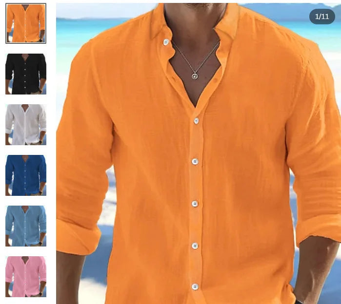 Solid Color Cotton Linen Plain Shirt Men Classic Button-up Lapel Long Sleeve Shirts Spring/ Summer Fashion Loose Mens Top Shirts