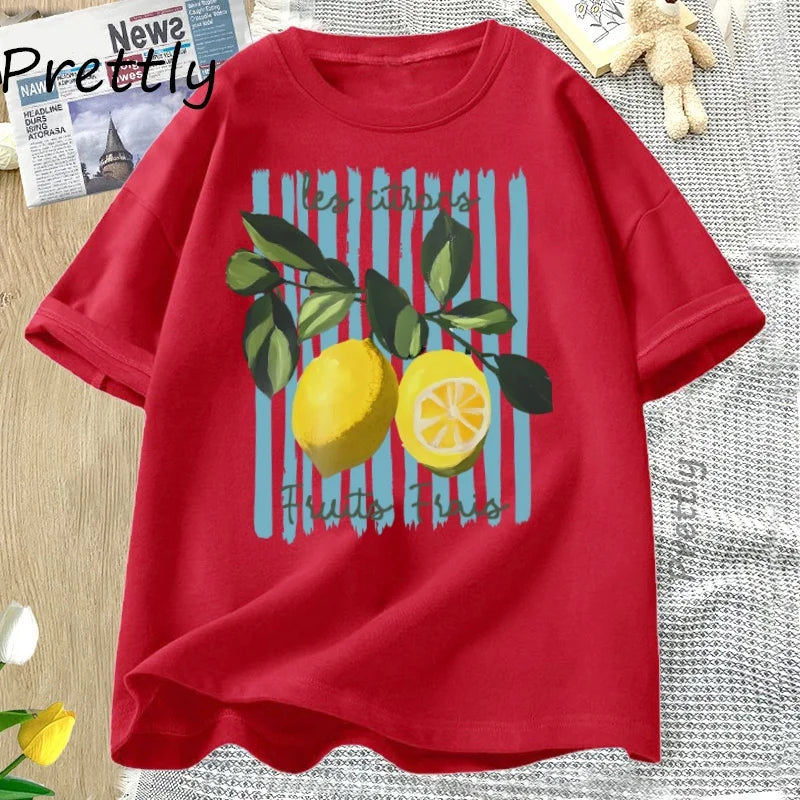 Summer Lemon T-shirt Vintage Cottagecore French T Shirt Cotton Lemon Tee Shirt Vacation Beach Tshirt Casual Short Sleeve Tops