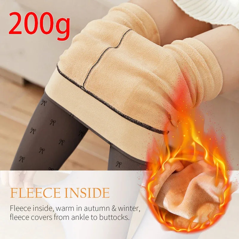 Warm Tights For Women Winter Fleece Leggings Thermal Stockings Woman Insulated Printed Pantyhose Skin Effect Sock Pants