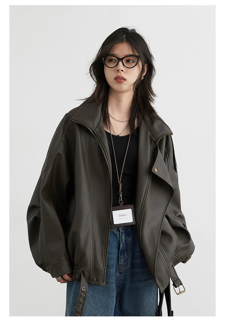 CHIC VEN Woman PU Jacket Solid Loose New Retro Standing Collar Motorcycle Faux Leather Coat Female Top Spring Autumn 2026