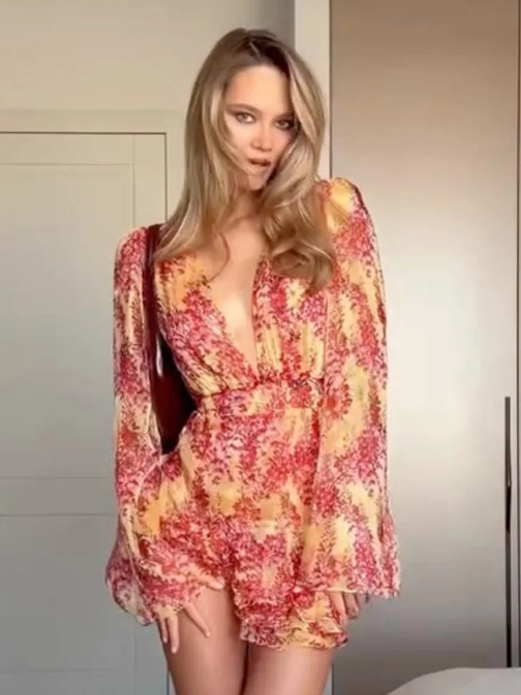 Sexy Pink Floral Print Ruffle Slim Short Dress Women Elegant V-neck Pleated Puff-sleeve Ruched Dresses Lady Party Club Robe New