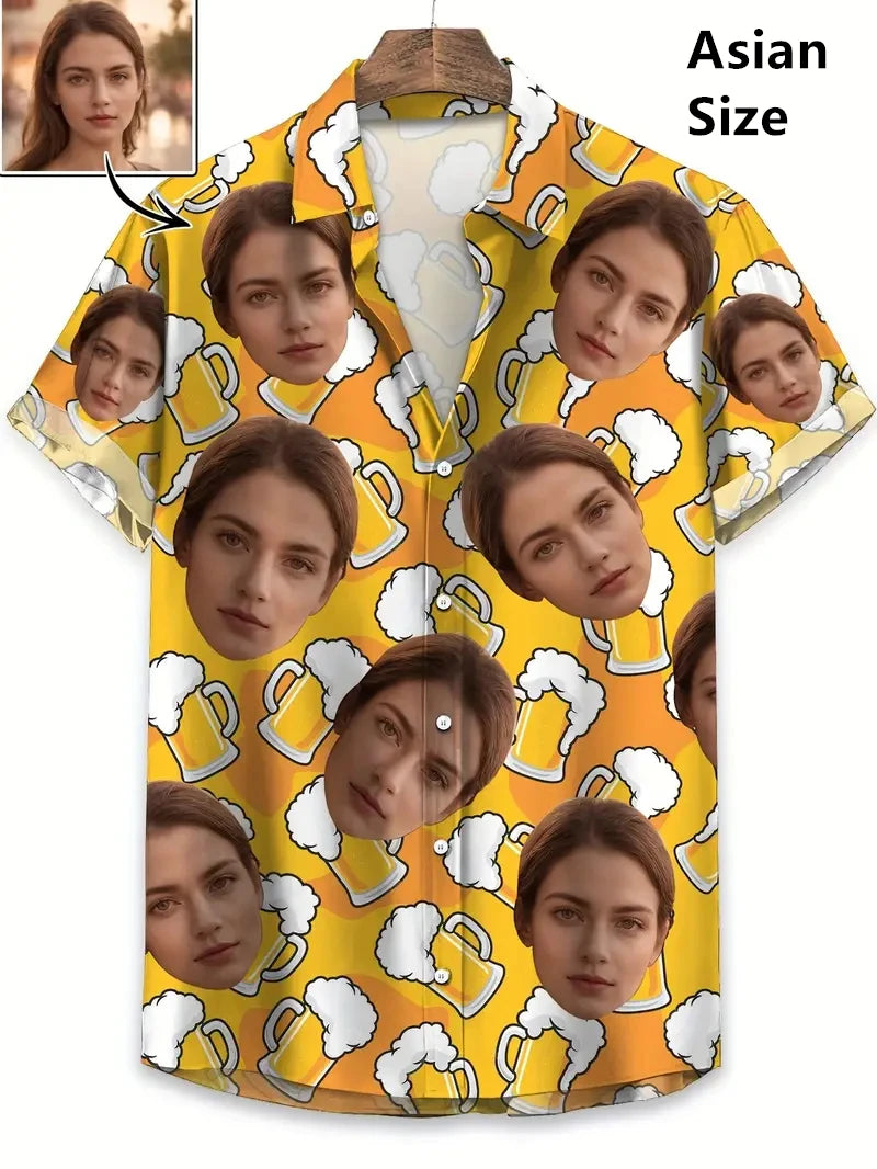 Face Photo Beer Shirts For Men Clothing Custom 3D Print Hawaii Beach Shirt Y2k Top 90s Vintage Clothes Lapel Short Sleeve Blouse