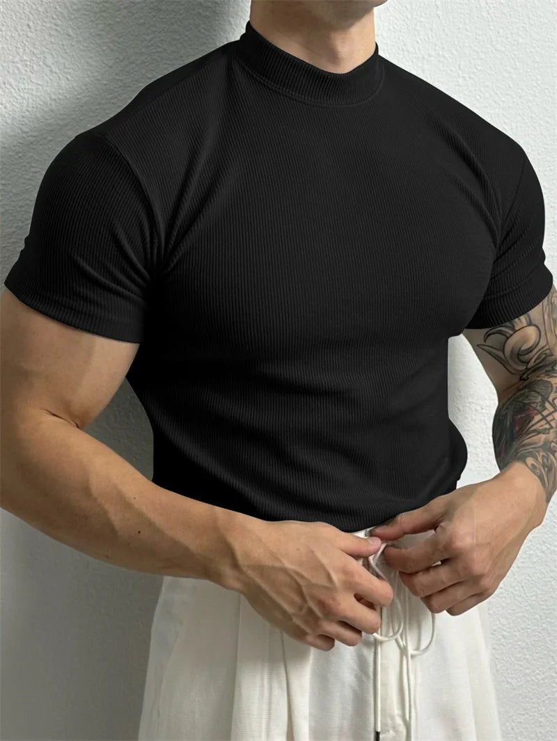 2026 New fashion Men's T-shirt Small high collar stripe shirt short sleeve fitness top leisure sport T-shirt Men sportswear