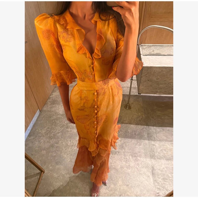 Organza Floral Printed Maxi Dress V-neck Puff Sleeve 2026 Spring/summer Romantic Women Party Gown Fashion Elegant Lady Vestido