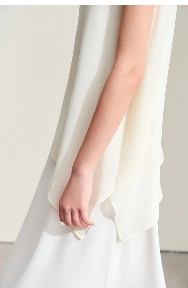 Amii Minimalism 2024 Women Dresses Summer New Vacation Style V-neck Spliced Chiffon Female Sleeveless Loose Dress 12452102
