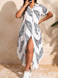 Plus Size Leaf Print Collared Dress, Casual Short Sleeve Dress for Daily Wear, Women's Plus Clothing for All Seasons