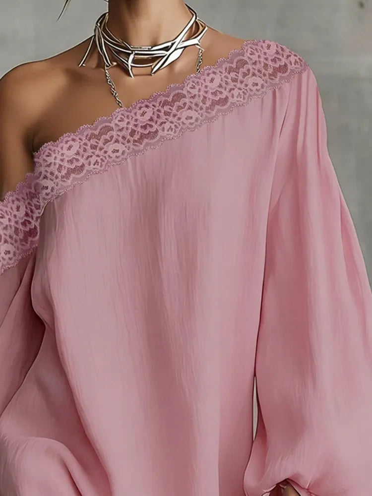 UOOZEE 2026 New Women Elegant Solid Color Party Cocktail Short Dress Off The Shoulder Lace Trim Puff Sleeve Evening Mini Dresses
